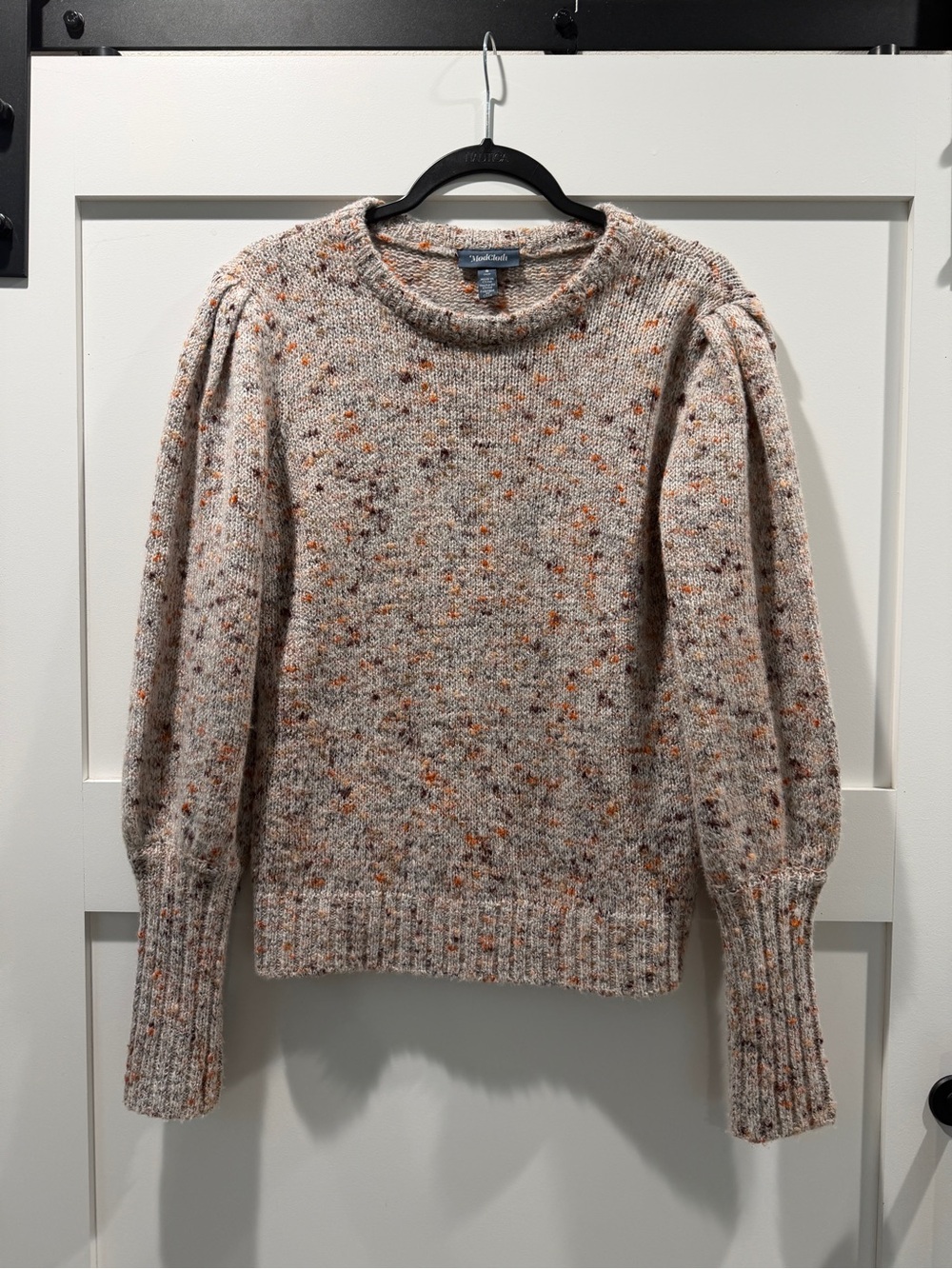 ModCloth Cream Speckled Puff-Sleeve Crewneck Sweater